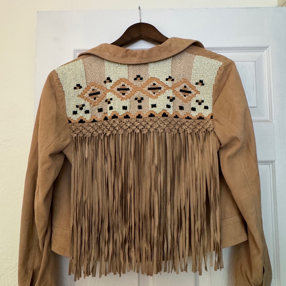 Zara Tan Leather Jacket with Fringe and Beaded Design